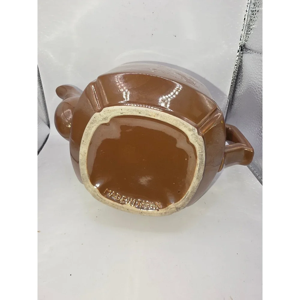 Vintage Brown Ceramic Teapot Made in Japan Art Deco Square Geometric Design